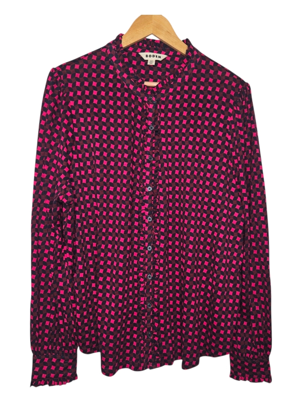 Boden Womens Pink Multi Geo Print Ruffled Cotton Modal Button Up Blouse 6